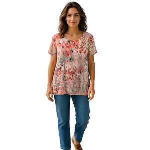 JM Collection Women's Floral Short Sleeve Blouse Size L Multicolor